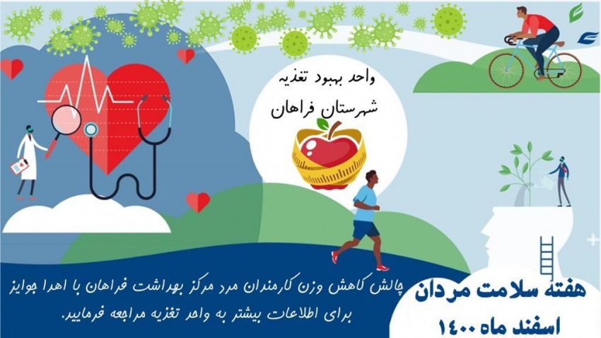به مناسبت هفته ی ملی سلامت مردان چالش کاهش وزن توسط واحد بهبود تغذیه شهرستان فراهان  با ارائه مشاوره تغذیه و توزیع ویتامین دی  جهت پرسنل آقا مرکز بهداشت شهرستان فراهان برگزار گردید.