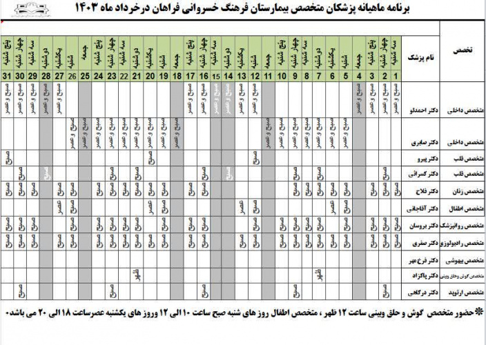 برنامه حضور متخصصین در بیمارستان  فرهنگ خسروانی در خرداد ماه۱۴۰۳